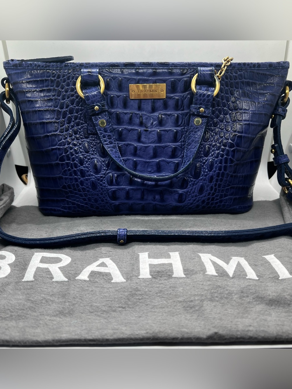 EXCELLENT CONDITION Brahmin Astral Blue Embossed Animal Print Satchel with Charm
